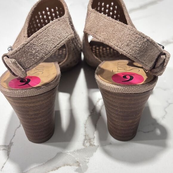 Franco Sarto Mandi2 Taupe Suede Leather Tan Perforated Strap Heels Women 6M 36EU - Picture 8 of 13